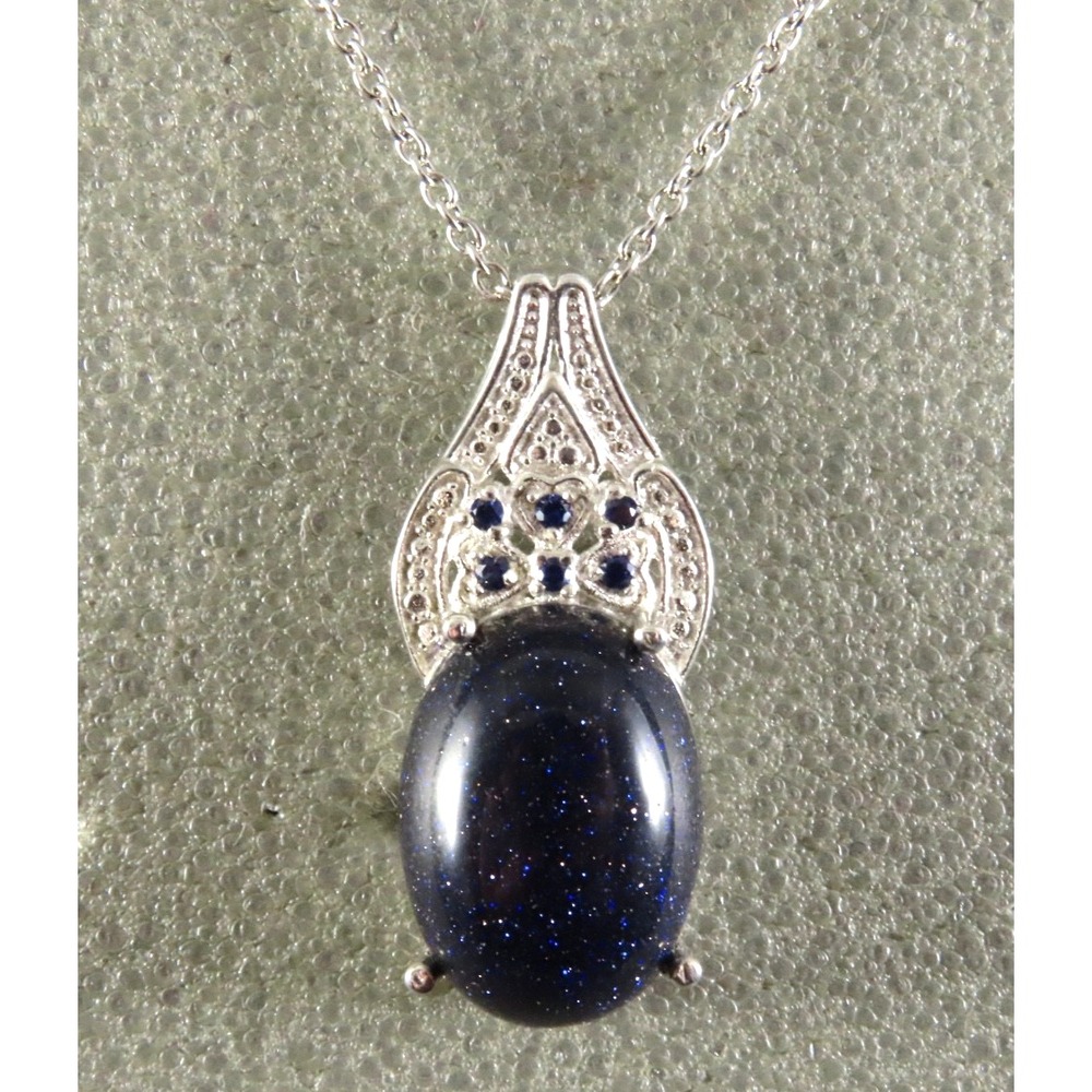 STERLING SILVER 20" Chain Necklace KARIS BLUE OVAL SUNSTONE & SAPPHIRE PENDANT